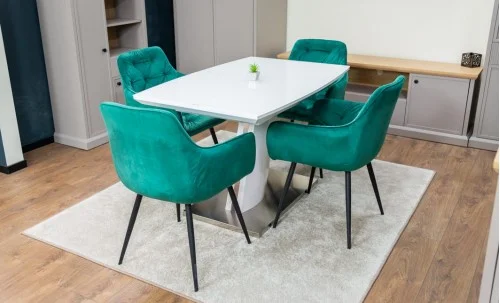 Set Masă Living Extensibilă KJT380 Blat Lucios Alb cu 4 Scaune KJC38 Verzi
