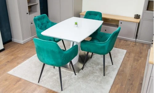 Set Masă Living Extensibilă KJT380 Blat Lucios Alb cu 4 Scaune KJC38 Verzi