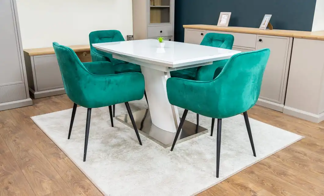 Set Masă Living Extensibilă KJT380 Blat Lucios Alb cu 4 Scaune KJC38 Verzi 2