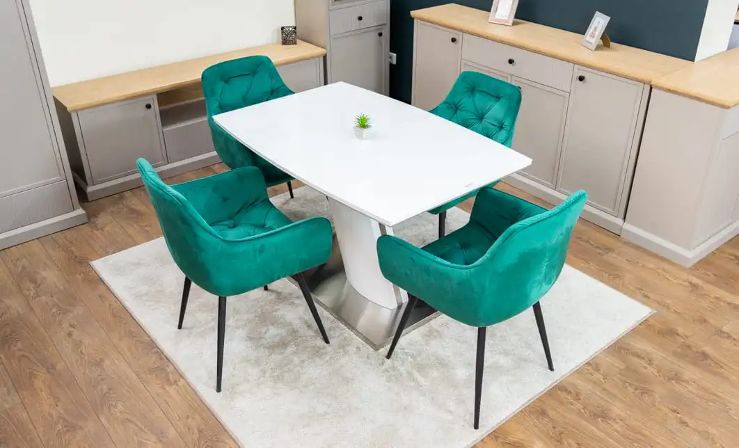 Set Masă Living Extensibilă KJT380 Blat Lucios Alb cu 4 Scaune KJC38 Verzi 1