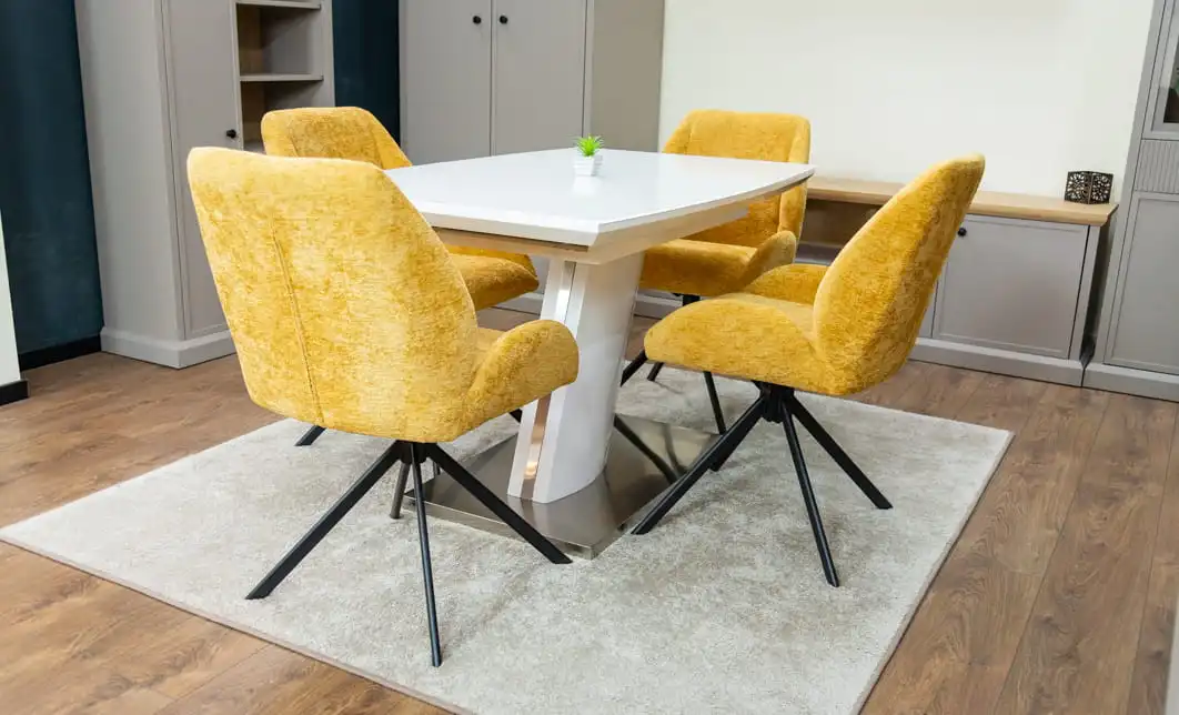 Set Masă Living Extensibilă KJT380 Blat Lucios Alb cu 4 Scaune Tapițate KJC4347 Galbene 3