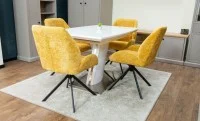 Set Masă Living Extensibilă KJT380 Blat Lucios Alb cu 4 Scaune Tapițate KJC4347 Galbene 3