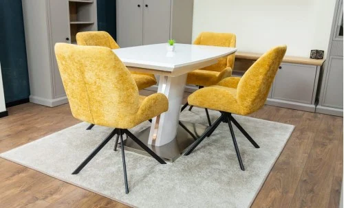 Set Masă Living Extensibilă KJT380 Blat Lucios Alb cu 4 Scaune Tapițate KJC4347 Galbene