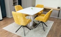 Set Masă Living Extensibilă KJT380 Blat Lucios Alb cu 4 Scaune Tapițate KJC4347 Galbene 4