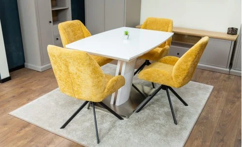 Set Masă Living Extensibilă KJT380 Blat Lucios Alb cu 4 Scaune Tapițate KJC4347 Galbene