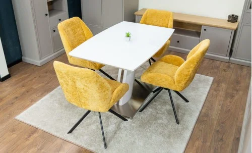 Set Masă Living Extensibilă KJT380 Blat Lucios Alb cu 4 Scaune Tapițate KJC4347 Galbene