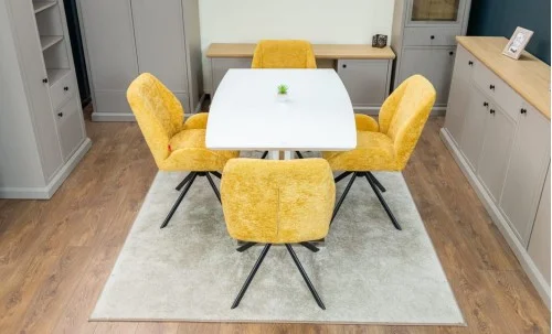 Set Masă Living Extensibilă KJT380 Blat Lucios Alb cu 4 Scaune Tapițate KJC4347 Galbene