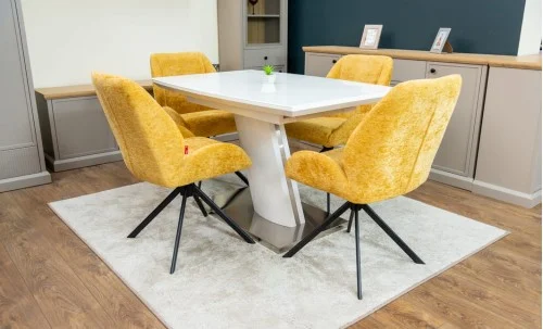 Set Masă Living Extensibilă KJT380 Blat Lucios Alb cu 4 Scaune Tapițate KJC4347 Galbene