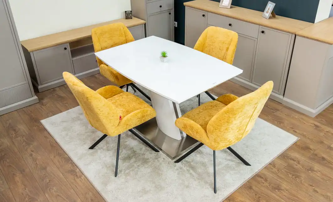 Set Masă Living Extensibilă KJT380 Blat Lucios Alb cu 4 Scaune Tapițate KJC4347 Galbene 1