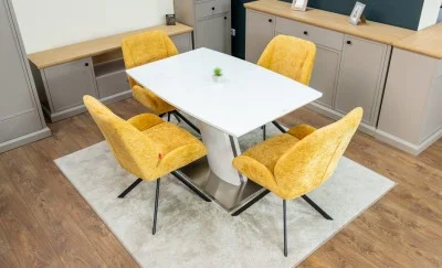 Set Masă Living Extensibilă KJT380 Blat Lucios Alb cu 4 Scaune Tapițate KJC4347 Galbene