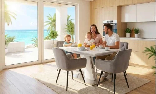 Set Masă Living Extensibilă KJT380 Blat Lucios Alb cu 4 Scaune KJC38 Gri