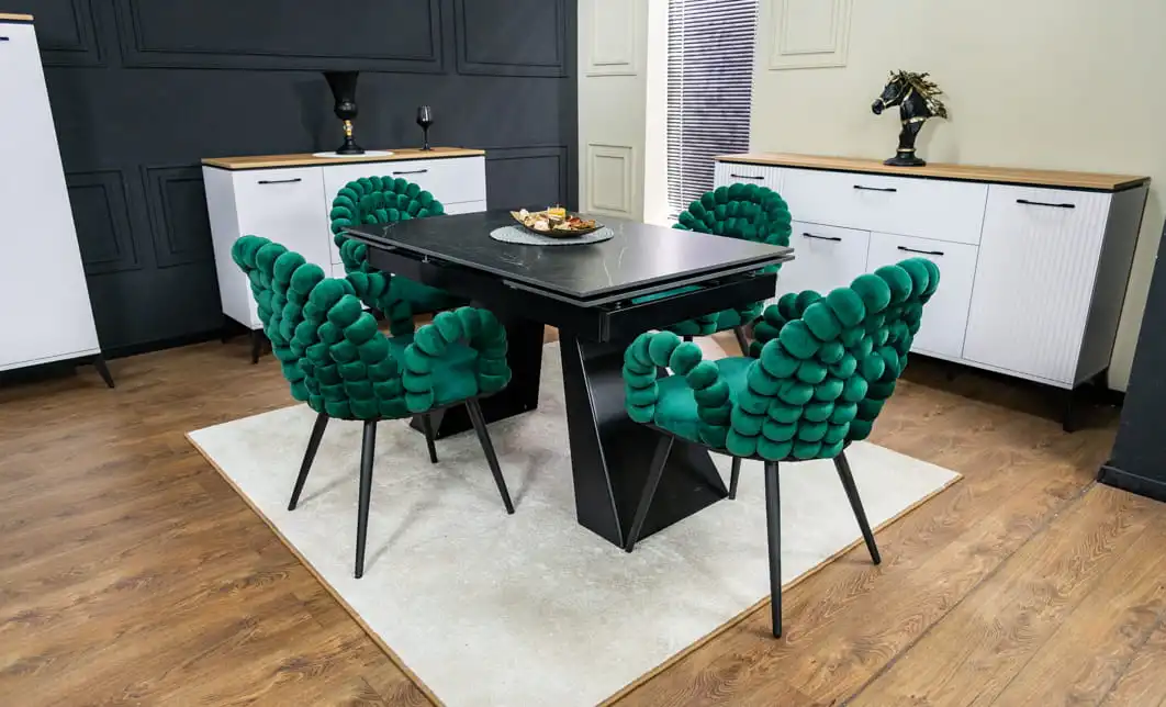 Set Masă Living Extensibilă KJT416 Neagră cu 4 Scaune KJC376 Verzi