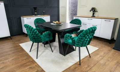 Set Masă Living Extensibilă KJT416 Neagră cu 4 Scaune KJC376 Verzi