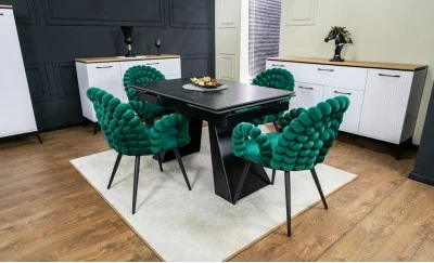 Set Masă Living Extensibilă KJT416 Neagră cu 4 Scaune KJC376 Verzi