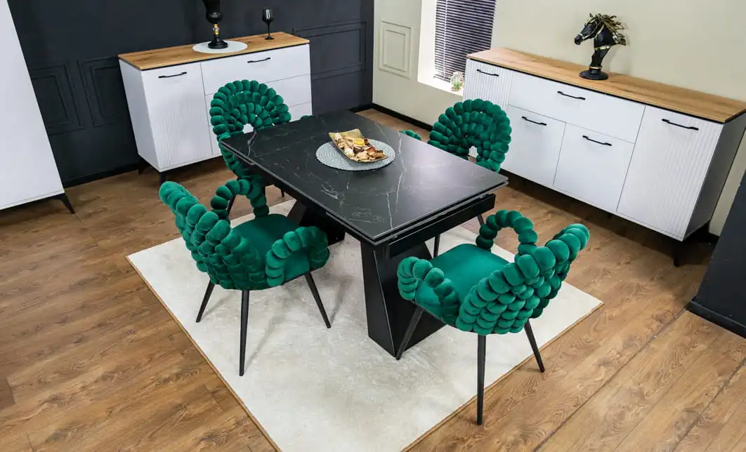 Set Masă Living Extensibilă KJT416 Neagră cu 4 Scaune KJC376 Verzi 2