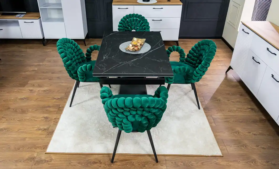 Set Masă Living Extensibilă KJT416 Neagră cu 4 Scaune KJC376 Verzi 4