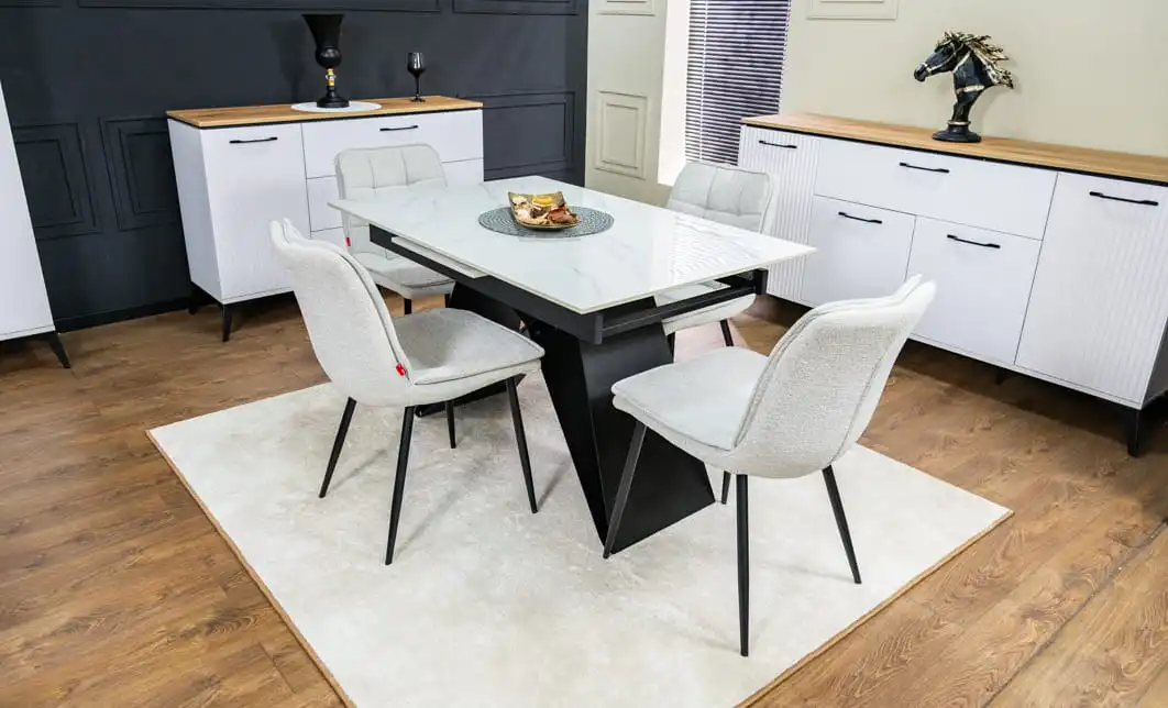 Set Masă Living Extensibilă KJT417 Albă cu 4 Scaune DCM2001AF Bej