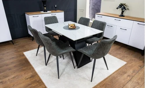 Set Masă Living Extensibilă KJT417 Albă cu 6 Scaune J262-L Gri