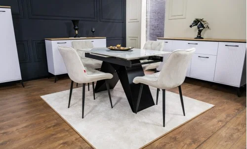 Set Masă Living Extensibilă KJT417 Albă cu 4 Scaune KJC0357 Bej
