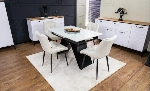 Set Masă Living Extensibilă KJT417 Albă cu 4 Scaune KJC0357 Bej