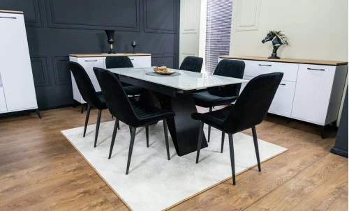 Set Masă Living Extensibilă KJT417 Albă cu 6 Scaune KJC176 Negre