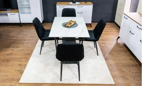 Set Masă Living Extensibilă KJT417 Albă cu 4 Scaune KJC176 Negre