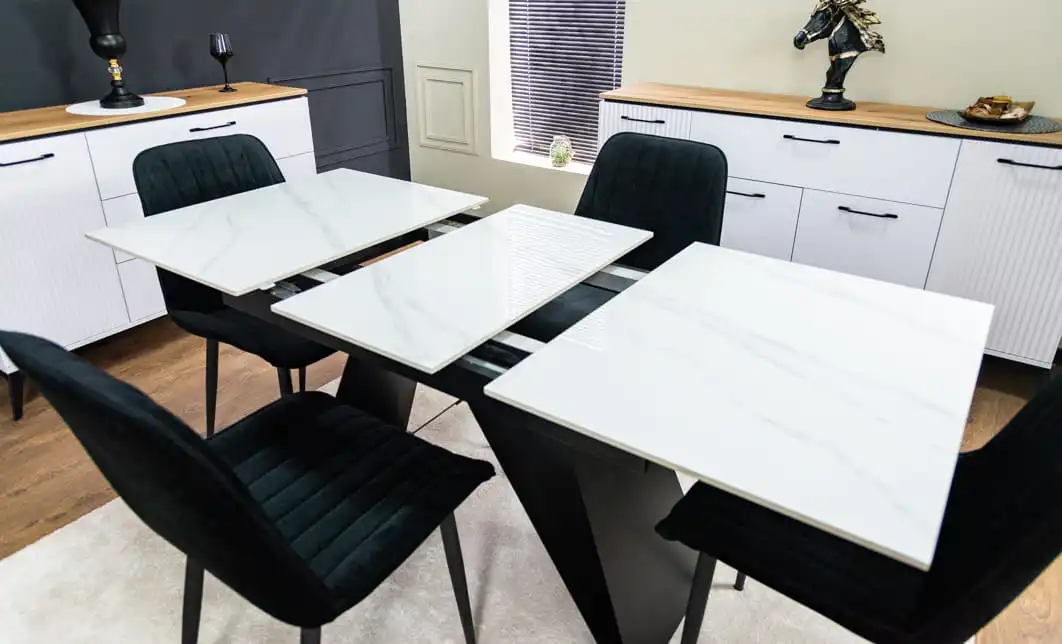 Set Masă Living Extensibilă KJT417 Albă cu 6 Scaune KJC176 Negre 5