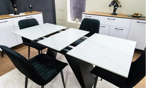 Set Masă Living Extensibilă KJT417 Albă cu 6 Scaune KJC176 Negre