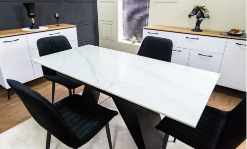Set Masă Living Extensibilă KJT417 Albă cu 6 Scaune KJC176 Negre