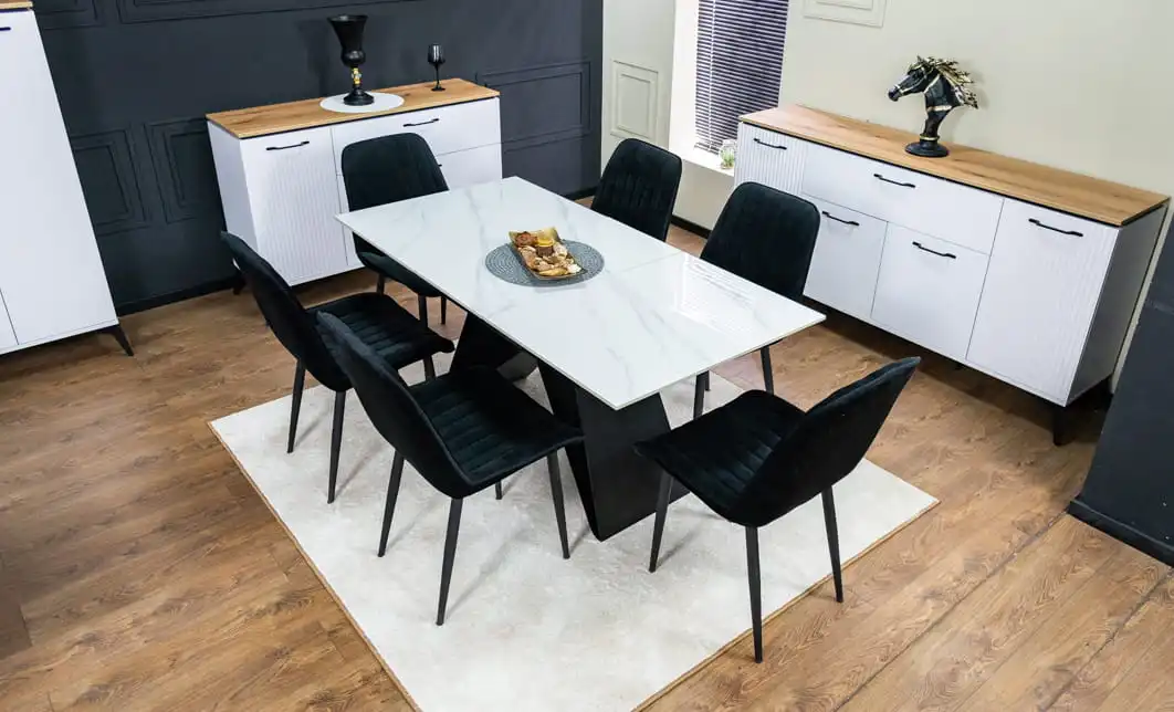 Set Masă Living Extensibilă KJT417 Albă cu 6 Scaune KJC176 Negre 1
