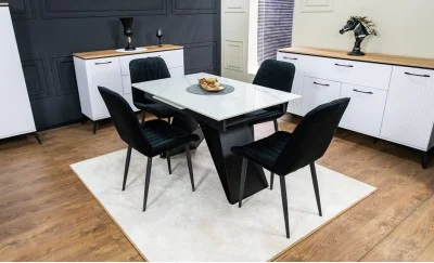 Set Masă Living Extensibilă KJT417 Albă cu 4 Scaune KJC176 Negre