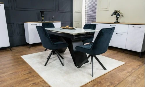 Set Masă Living Extensibilă KJT417 Albă cu 4 Scaune KJC356 Negre