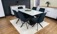 Set Masă Living Extensibilă KJT417 Albă cu 6 Scaune KJC356 Negre