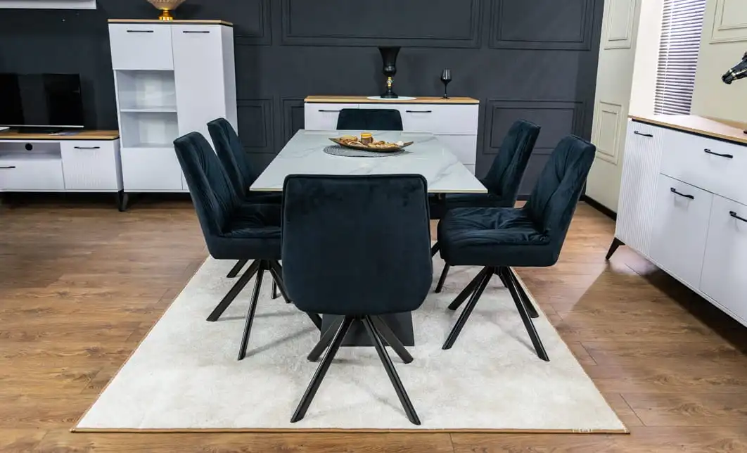 Set Masă Living Extensibilă KJT417 Albă cu 6 Scaune KJC356 Negre 3