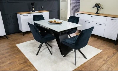 Set Masă Living Extensibilă KJT417 Albă cu 4 Scaune KJC356 Negre