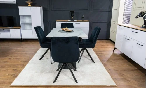 Set Masă Living Extensibilă KJT417 Albă cu 4 Scaune KJC356 Negre