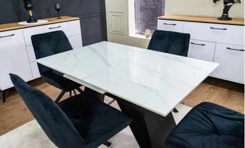 Set Masă Living Extensibilă KJT417 Albă cu 6 Scaune KJC356 Negre