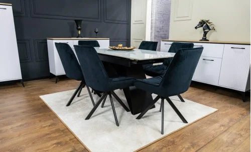 Set Masă Living Extensibilă KJT417 Albă cu 6 Scaune KJC356 Negre
