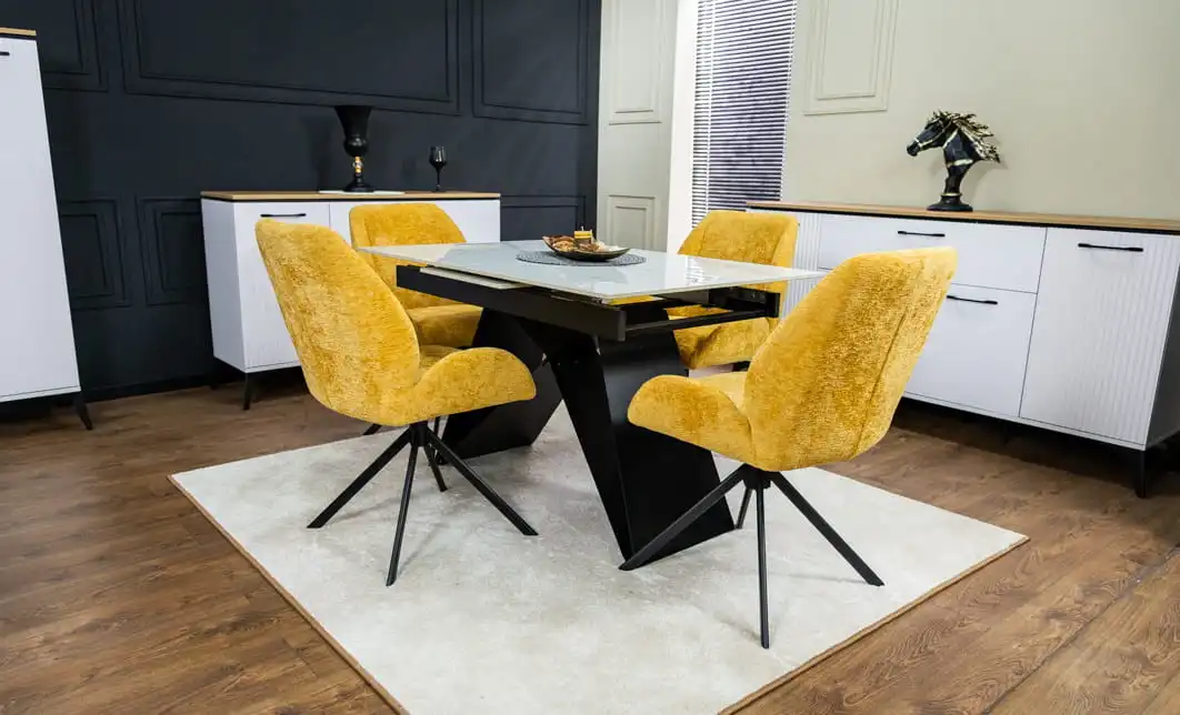 Set Masă Living Extensibilă KJT417 Albă cu 4 Scaune KJC4347 Galbene 5
