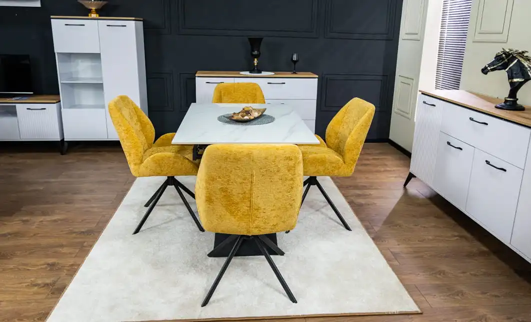 Set Masă Living Extensibilă KJT417 Albă cu 4 Scaune KJC4347 Galbene 3