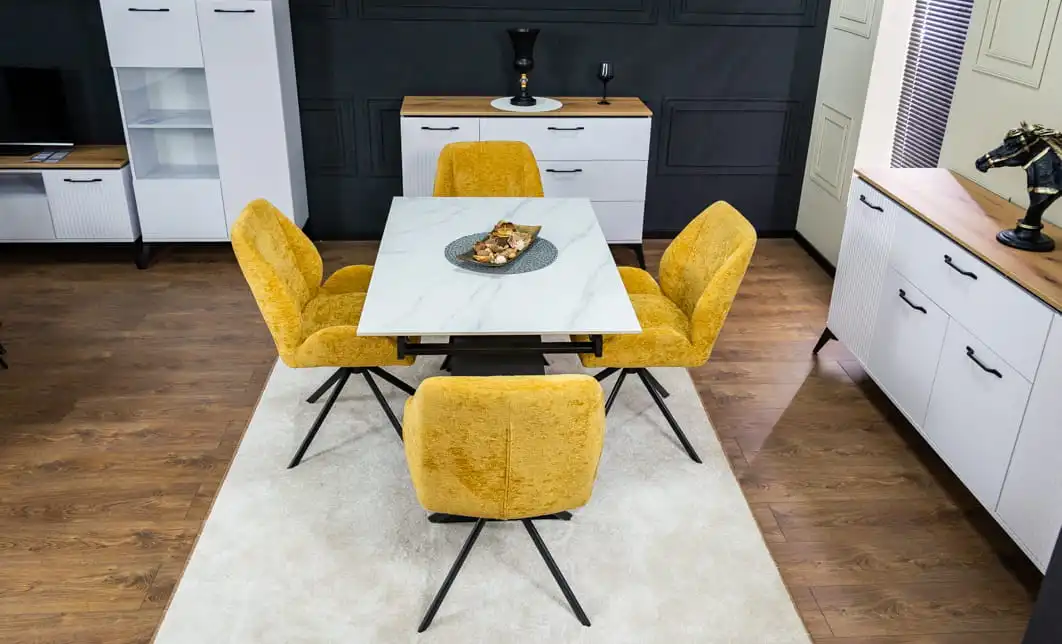 Set Masă Living Extensibilă KJT417 Albă cu 4 Scaune KJC4347 Galbene 4