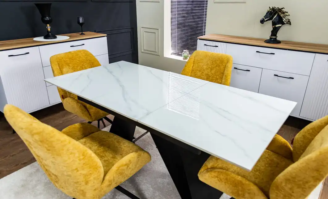 Set Masă Living Extensibilă KJT417 Albă cu 4 Scaune KJC4347 Galbene 8