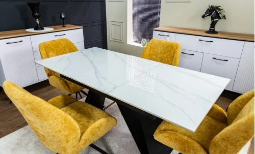 Set Masă Living Extensibilă KJT417 Albă cu 4 Scaune KJC4347 Galbene