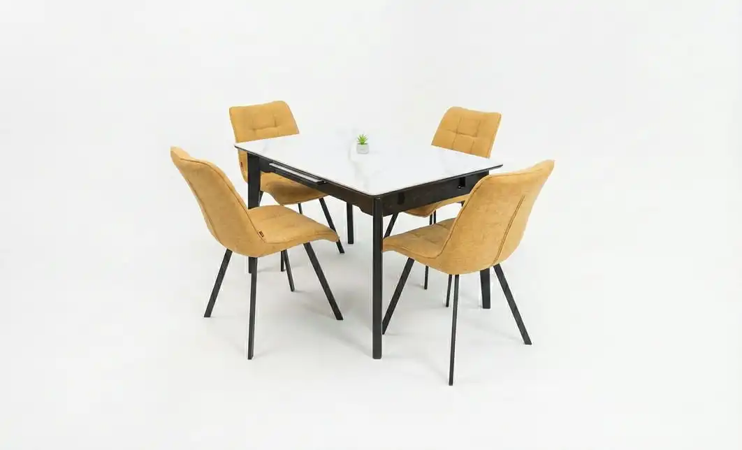 Set Masă Living Extensibilă KJT4711-1 Alb cu 4 Scaune DCM1801CF Muștar 2
