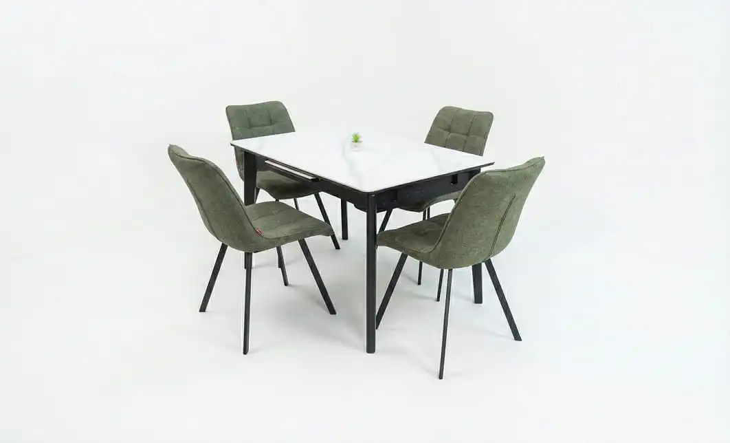 Set Masă Living Extensibilă KJT4711-1 Alb cu 4 Scaune DCM1801CF Verzi 2