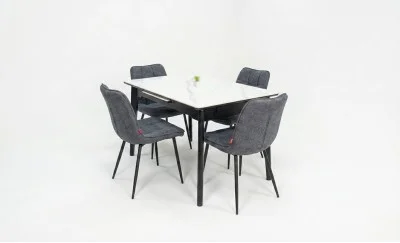 Set Masă Living Extensibilă KJT4711-1 Alb cu 4 Scaune Tapițate DCM2001AF Gri