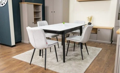Set Masă Living Extensibilă KJT4711-1 Alb cu 4 Scaune Tapițate DCM2001AF Bej