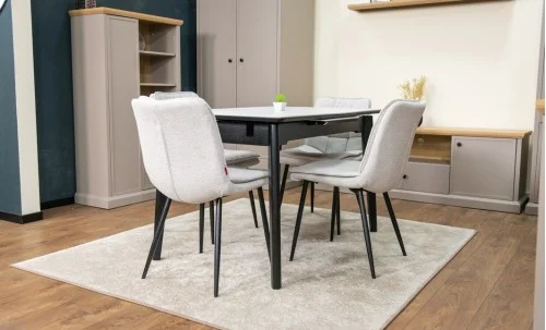 Set Masă Living Extensibilă KJT4711-1 Alb cu 4 Scaune Tapițate DCM2001AF Bej