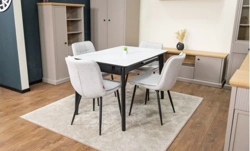 Set Masă Living Extensibilă KJT4711-1 Alb cu 4 Scaune Tapițate DCM2001AF Bej