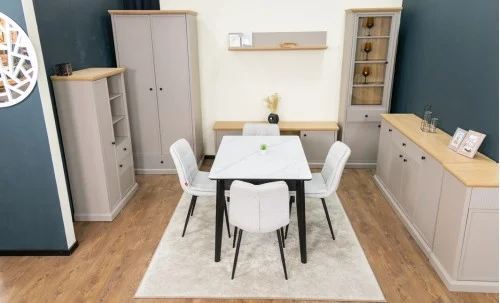 Set Masă Living Extensibilă KJT4711-1 Alb cu 4 Scaune Tapițate DCM2001AF Bej